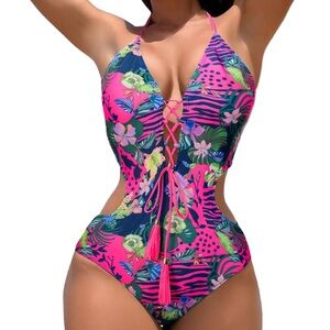 Oyoangle Lace Up Monokini Swimsuit Women's Size L Tropical Open Back Sexy